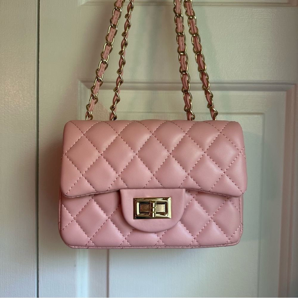 Quilted Leather Flap Bag - Pink/Gold